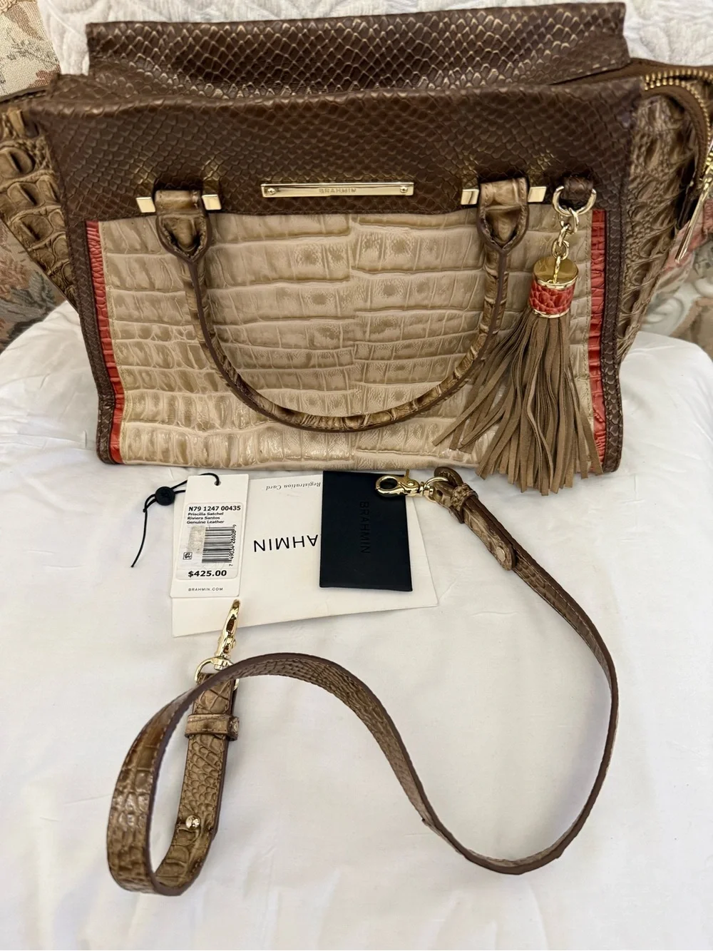 Croc-Embossed Tote in Beige and Brown with Red Trim